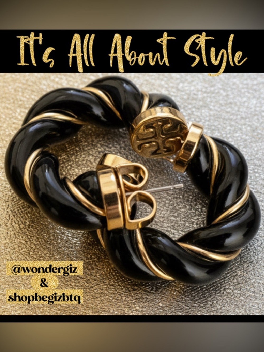 Authentic Tory Burch Black and Gold Textured Rope Hoop Earrings NWT - Picture 3 of 14